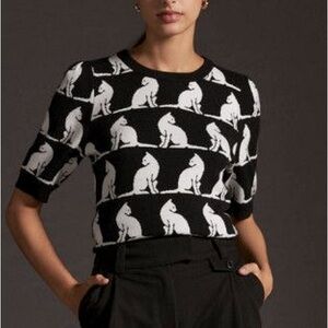 Black / white cat sweater Harmon Jacquard Sweater Tee by Maeve Anthropologie S